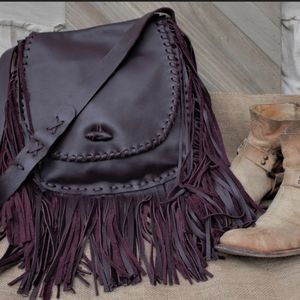 Burgundy Genuine Cowhide Fringe Bag